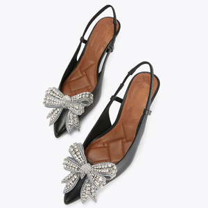 Women Mid Heels Stiletto Summer Pointed Toe Front Diamonds Bow Slingback Shoes Dress on Back Strap Velvet <b>Pumps</b> - Product Image 3