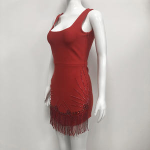 Abito da Sera Elegante Rosso <span class=keywords><strong>con</strong></span> Scollo Quadrato e <span class=keywords><strong>Frange</strong></span> di Perline per Eventi Cocktail, Feste e Celebrazioni di Lusso - Product Image 4
