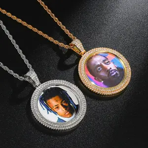 Hiphop Kettingen Voor Vrouwen Man Brons Ronde Alle Diamond Crystal Vriend Familie Foto Punk Frame Medaillon Hanger Collier