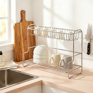 Étagère à vaisselle à double niveau en métal, support de rangement de cuisine, résistant à la rouille, design minimaliste - Product Image 2