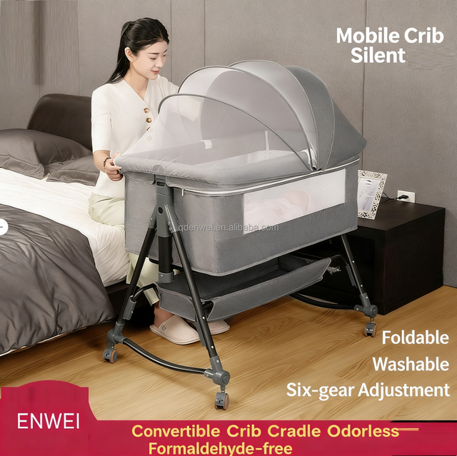 Modern Multifunctional Baby Bed, Foldable Portable Newborn Crib with Adjustable Height, Lightweight  for Home & Outdoor