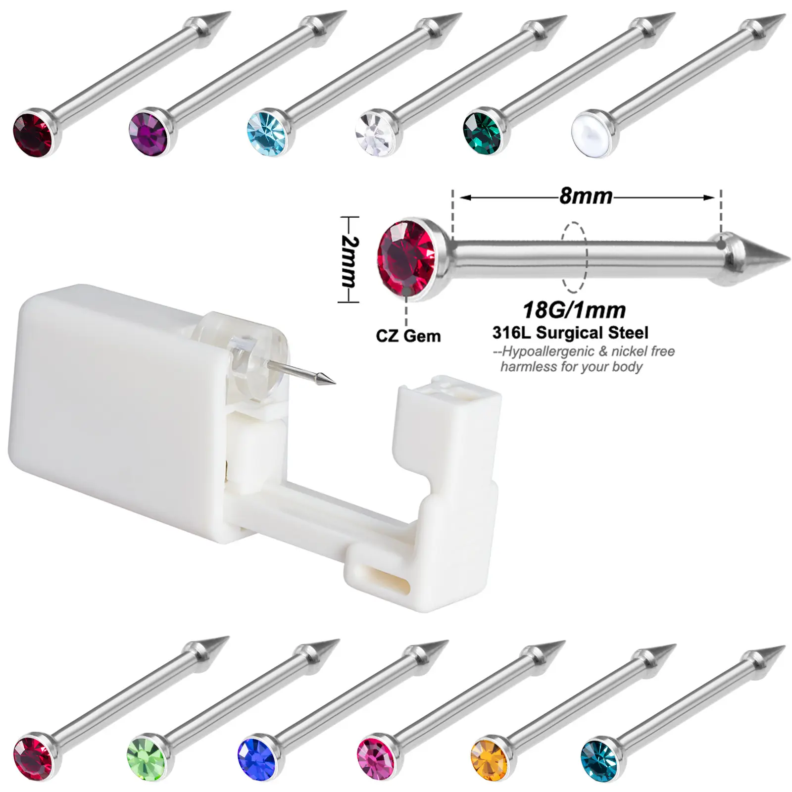 POENNIS One-time Disposable Sterilized Ear Piercing Studs With Birthstone Nose Stud Ear Body Piercing Kit Gun tool Sets