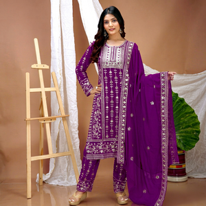 Ensemble Salwar en Georgette Violet Brodé pour Femme, Style Traditionnel Indien et Pakistanais, Tenue Décontractée, Coupe Classique, Longueur au Sol, Ensemble Complet - Product Image 1