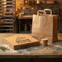 Emballage de pizza artisanal en kraft naturel, écologique, biodégradable, mat, pour emporter |   Conteneurs et sacs fourre-tout imprimés avec logo assorti