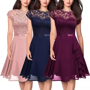 Wholesale Stock Dress Apparel Chiffon Swing Dresses Mixed Natural Midi Low Price Stock Casual Summer Round Neck Lace Stock Women