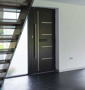Porta <span class=keywords><strong>d</strong></span>'<span class=keywords><strong>Ingresso</strong></span> Moderna in Metallo e Alluminio con Vetro, Porta di Sicurezza Impermeabile e Termoisolante - Product Image 2