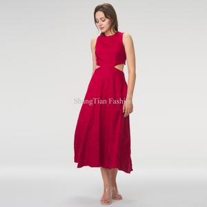 Vestido Midi Rojo de Lino para Mujer, Personalizado, de Alta Calidad, con Cuello Alto y Corte Sexy sin Mangas - Product Image 1