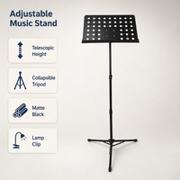 Statif Musik Teleskopik yang Dapat Disesuaikan, Warna Hitam Matte, dari Logam, dengan Klip Lampu, Tripod Lipat untuk Berlatih