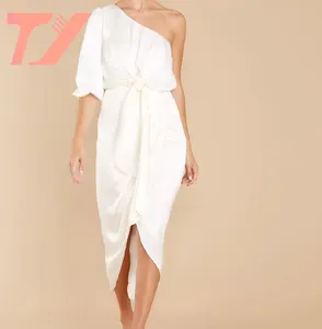 TUOYI Custom Ladies 1 Shoulder Short Sleeve Silk Fabric Elegant Dress Wrap Front Midi Formal Women Party Long Dresses
