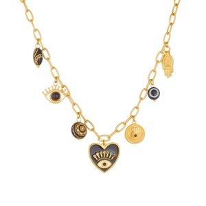 Heart-Shaped Eye Pendant Jewelry <b>Set</b> Gold Black Zinc Alloy Women's Party Fashion Necklace <b>Bracelet</b> Two-Piece <b>Set</b> - Product Image 5