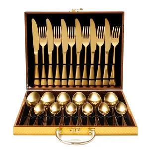 24pcs Stainless Steel Flatware Gift With Box Reusable Wedding Gift Spoon Fork Luxury Black Silverware Gold Cutlery Set