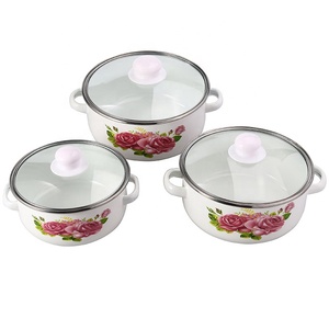 Ensemble de 3 casseroles en fonte émaillée avec poignées composites, couvercles en verre trempé, design floral écologique, compatible gaz et <span class=keywords><strong>induction</strong></span> - Product Image 2