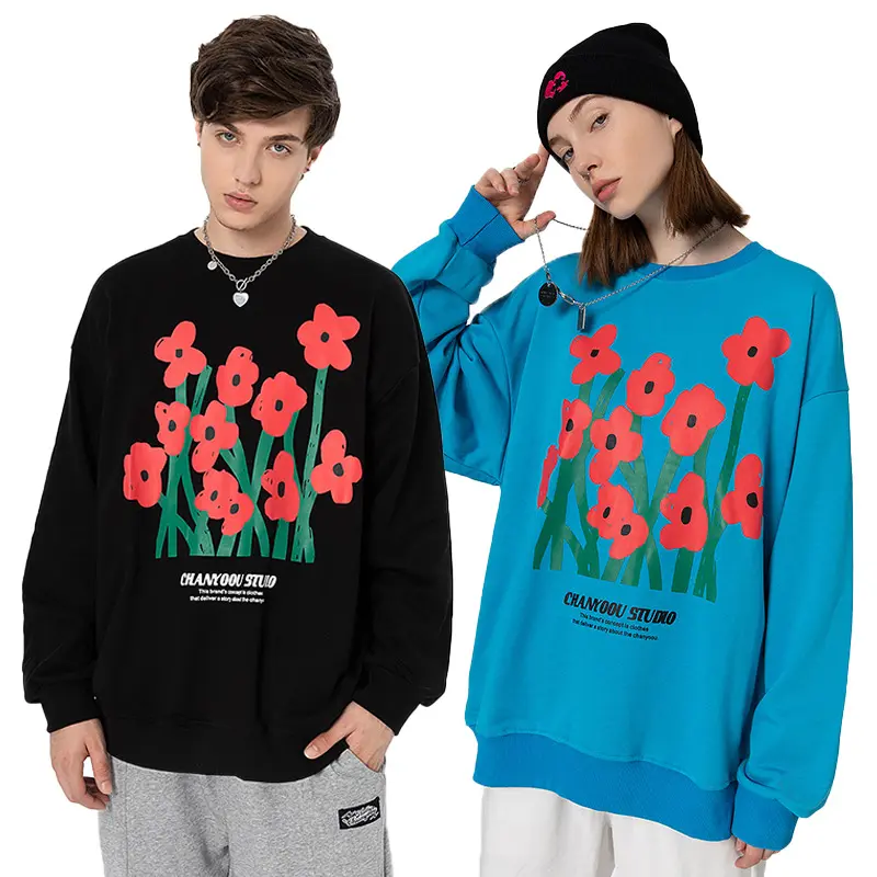 Hoodies Unisex Black and Blue Couple's Clothes Sweatshirt Fleece Flower Print Hoodie Oversize Streetwear Casual Custom Hoodie