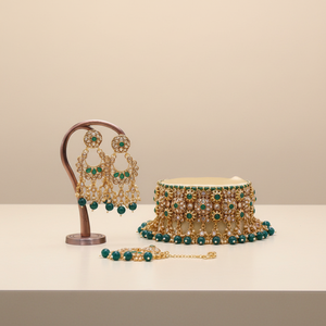 Green Choker Necklace <b>Set</b> SFNECK45 Gold-Plated with American Diamond Beads & Pearl <b>Fine</b> <b>Jewelry</b> - Product Image 1