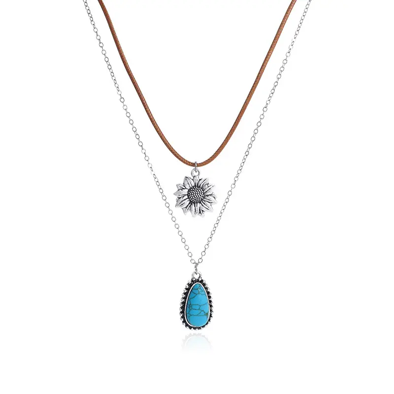 KOMI Bohemian Vintage Double Layer Choker Necklace Silver Sunflower Turquoise Pendant Necklaces for Women Men Jewelry Gifts