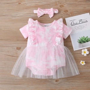 Ropa de verano para niña recién nacida, conjunto de 2 piezas con estampado Tie Dye, mono de manga corta de malla con parches coloridos + diadema con lazo, 0-18 meses - Product Image 2