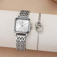Set gelang jam tangan dua potong untuk wanita, gelang jam tangan bahan baja tahan karat Diameter Dial 35mm, Set gelang jam tangan perak keren untuk wanita