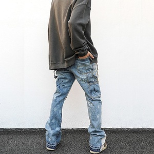 Custom <b>Men</b> Vintage Light Blue Patchwork Stacked Straight Distressed Leg Paints Splatter <b>Flared</b> Denim Carpenters <b>Jeans</b> - Product Image 5