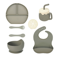 Ensemble de repas en silicone pour bébé : Assiette compartimentée, bavoir, tasse, cuillère, fourchette et bol pour aliments pour bébé