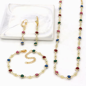 Parure de bijoux trois pièces plaqué or 14 carats avec zircon, motifs gouttes d'huile, yeux bleus et rouges, et cœur, pour femme - Product Image 6