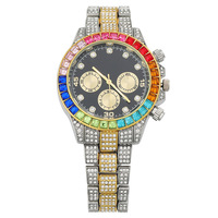 Jam Tangan Gaya Baru Perdagangan Luar Negeri Terlaris Tiga Jarum Mode Berlian Warna-Warni Kalender Dial Hitam Full Berlian Mesin Quartz