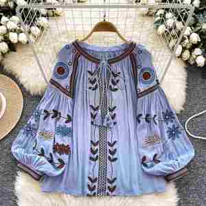 Autumn Vintage Full Sleeve O-Neck Casual Blouses Women Wide Sleeve Front Embroidery Loose Fit Eco-Friendly Breathable <b>Shirts</b> - Product Image 2