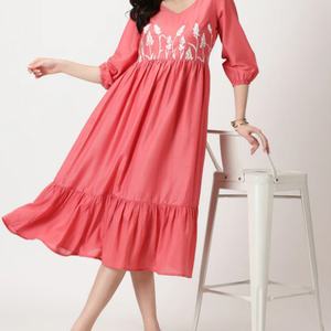 Vestido de Lino y Algodón Personalizable, Elegante, Cuello en V, Casual, Corte en A, Manga Corta, Midi, Verano, para Mujer - Product Image 3