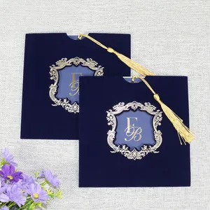 Custom navy blue faire part marriage invitation card velvet pocket with tassel gold foiling printing