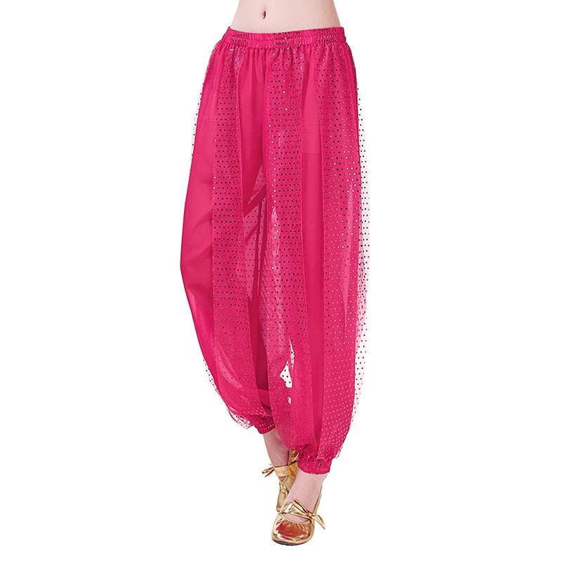 Pantalones bombachos de danza del vientre con lentejuelas rosa palo.