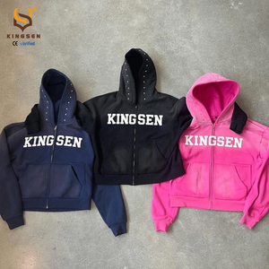 Sweat à capuche personnalisé avec impression sérigraphique, en coton lourd 400 g/m², délavé à l'acide, effet soleil, avec rivets et strass, coupe courte et ample, zippé - Product Image 1