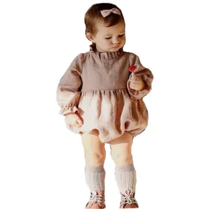定制自己的品牌新生婴儿衣服纯色纯色长袖亚麻婴儿连身衣