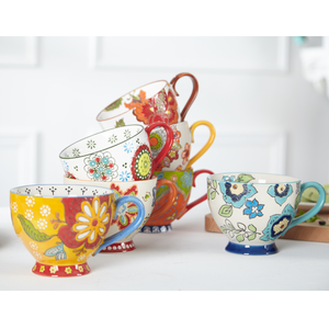 Tazas de Cerámica para Desayuno con Diseño Floral Estilo Chino, Proceso de Relieve Bajo Esmalte, Venta al por Mayor - Product Image 1