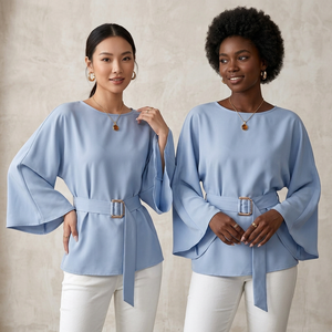Camicetta <span class=keywords><strong>Elegante</strong></span> da <span class=keywords><strong>Donna</strong></span> con Collo Rotondo, Maniche a 3/4, in Raso Intrecciato Traspirante, con Cintura in Vita, Vestibilità Ampia, per Ufficio, in Chiffon - Product Image 5