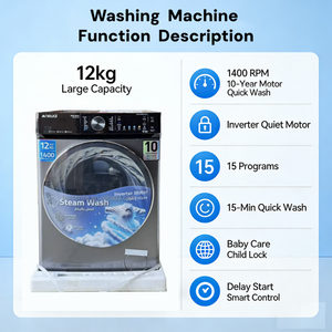 Newal 12KG Large Capacity Front Load Washing Machine Motor 1400RPM Wash Quick Wash 15 Programs Motor 10 Year Home Use L - Product Image 2