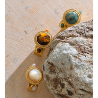 Bague ouverte large en acier inoxydable plaqué or PVD vintage JINYOU 8923 avec pierre naturelle ronde pour femme
