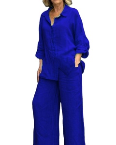 Femmes <span class=keywords><strong>grande</strong></span> <span class=keywords><strong>taille</strong></span> couleur unie décontracté chemise ample deux pièces ensembles femmes vêtements haut <span class=keywords><strong>taille</strong></span> haute pantalon <span class=keywords><strong>survêtement</strong></span> - Product Image 4