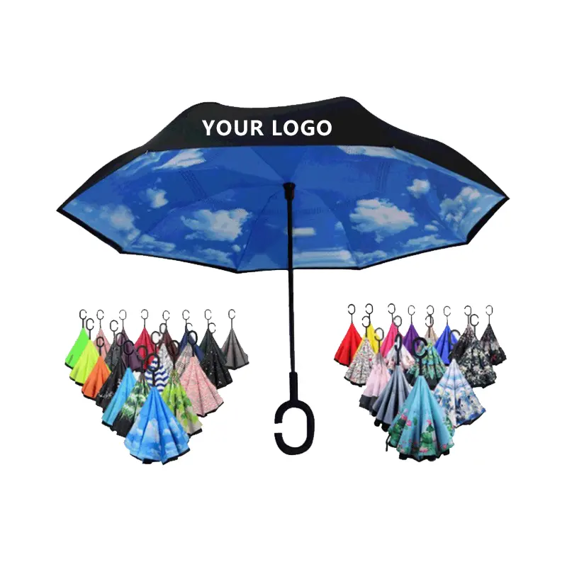 Venta al por mayor logotipo personalizado impreso doble tela a prueba de viento en forma de C mango al revés invertido lluvia paraguas