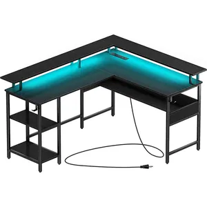 Mesa de computador direta da fábrica em forma de l com tomada led & energia, tabela do estudo do do jogo