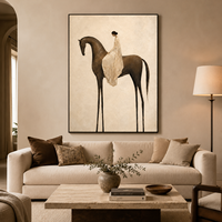 Tableau mural texturé de cavalier minimaliste de luxe, peinture sur toile, œuvre d'art vintage, tons neutres, cadre en bois suspendu, décoration faite à la main