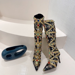 <span class=keywords><strong>Stivali</strong></span> Alti al Ginocchio da Donna Stile <span class=keywords><strong>Cowboy</strong></span> Etnico con Strass, Tacco Alto a Punta e Dettagli Metallici alla Moda - Product Image 4