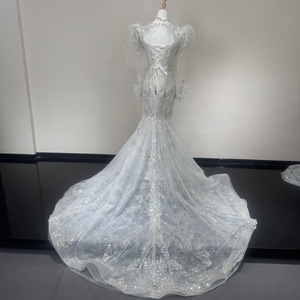 Wx449 Feather Mermaid <b>Wedding</b> Dress Deep V Neck Beaded Pearl Cuff Sheer Sleeve Sparkling Train Jancember - Product Image 6