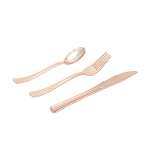 Party Supplies 25pcs Biodegradable Rose Gold Flatware Disposable Paper Knife Spoon and Fork Cutlery Set for Events