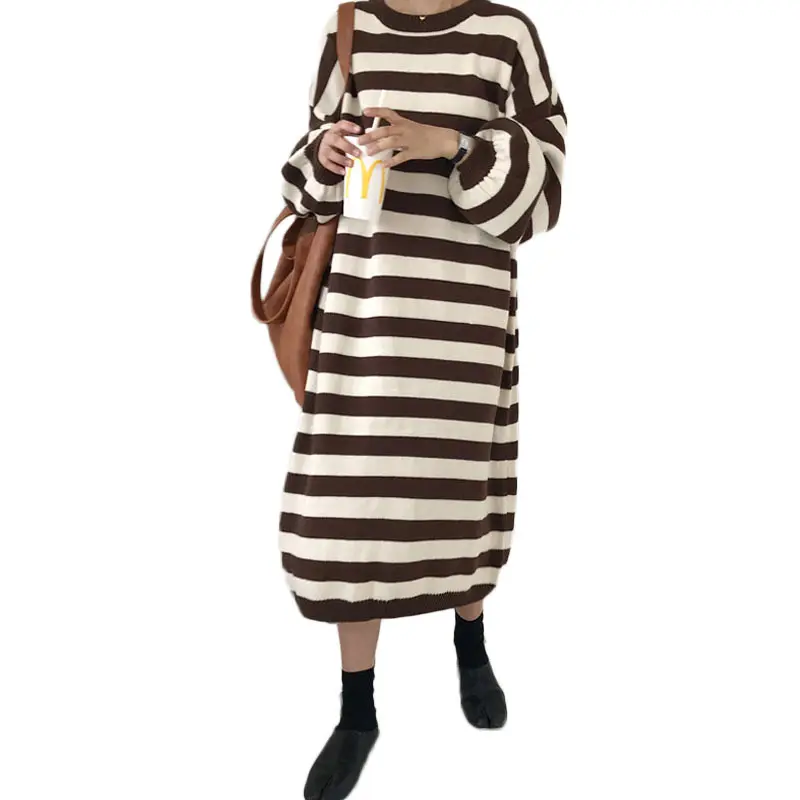 Western Style Winter Lantern Sleeve Oversized Pullover Knit Striped Sweater Dress