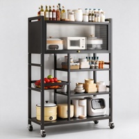 Étagère de rangement de cuisine sur roulettes, armoire métallique avec porte à persiennes rabattable et panier en fil métallique, support pour micro-ondes pour garde-manger