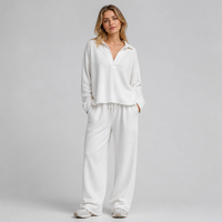 Ensemble de vêtements de détente pour femmes en coton pur uni pour l'été, haut classique à col en V à manches longues, pantalon large à cordon de serrage, tenue décontractée en deux pièces