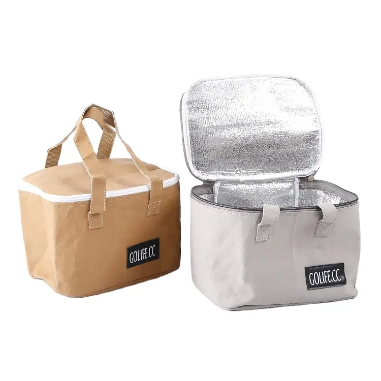 Eco-friendly reusable natural color washable kraft paper cooler bag Takeaway Seafood Thermal insulation lunch bag