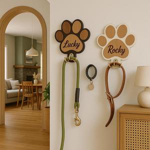 Uionen Personalized custom wooden pet dog leash storage rack with personalized paw print hooks and dog <b>name</b> <b>tags</b> accessories - Product Image 1
