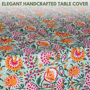 Handmade Eco-Friendly Green & White Indian Floral Cotton <b>Tablecloth</b> for Farmhouse Wedding Events - Product Image 3