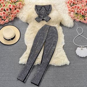 Women Y2k Casual Solid Short <b>Sequined</b> Beading Strapless <b>Top</b> High Waist Pants 2-Piece Set Woven Spandex/Cotton Summer - Product Image 1