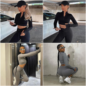 Women's Casual Suit High Waisted Leggings Zip Up Crop Top <b>Set</b> Solid Color Short Sleeve <b>Knitted</b> Polyester Fiber Yiwu Origin - Product Image 4